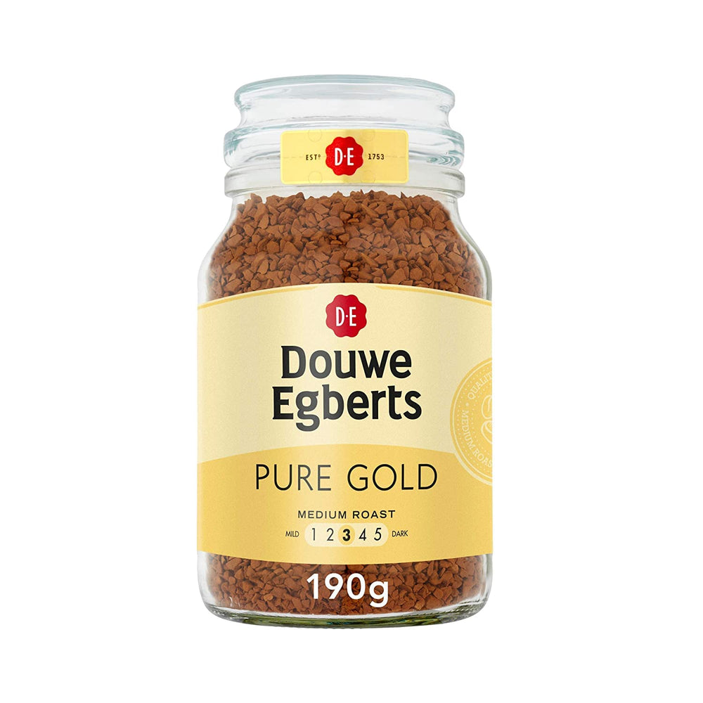 Douwe Egberts Pure Gold instant coffee can for smooth everyday energy