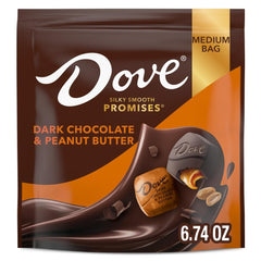 Dove Promises dark chocolate peanut butter candy bag close-up, silky texture for refined snacking