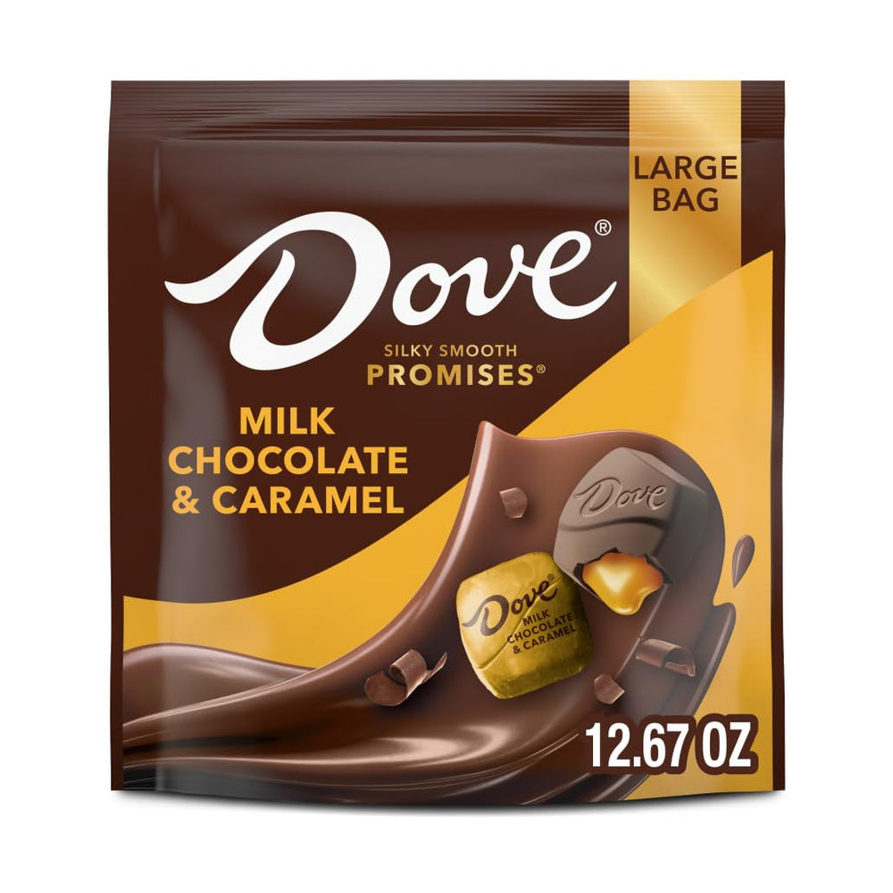 DOVE PROMISES milk chocolate caramel piece for a silky, refined indulgence.