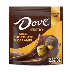 DOVE PROMISES milk chocolate caramel piece for a silky, refined indulgence.