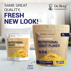 Dr. Berg Premium Nutritional Yeast Flakes closeup texture highlights flaky granules rich in flavor and vitamins.