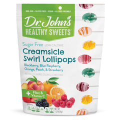 Dr. John's Healthy Sweets Creamsicle Swirl Lollipop close-up, sugar-free and creamy citrus delight.