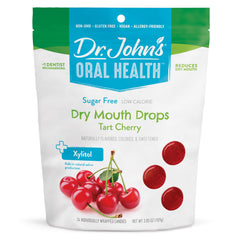 Dr. John's Tart Cherry Dry Mouth Drops bottle highlights zero sugar and plant-based formula.