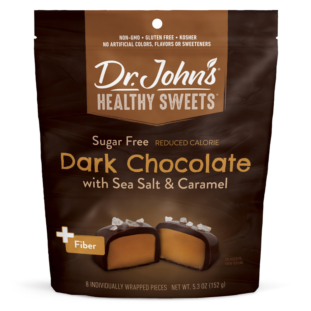 Dr. John's Sea Salt Caramel Squares pack offers a mindful snacking option with premium chocolate.