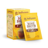 Dr. Kellyann bone broth packet pour showing a quick, protein-rich sip for a busy day