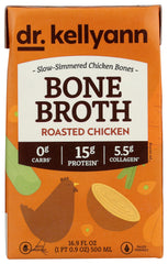 Dr. Kellyann roasted chicken bone broth bottle shows rich color for sipping