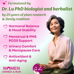 Dr. Lu Happy Girl Tea bags arranged for a soothing, caffeine-free cup.