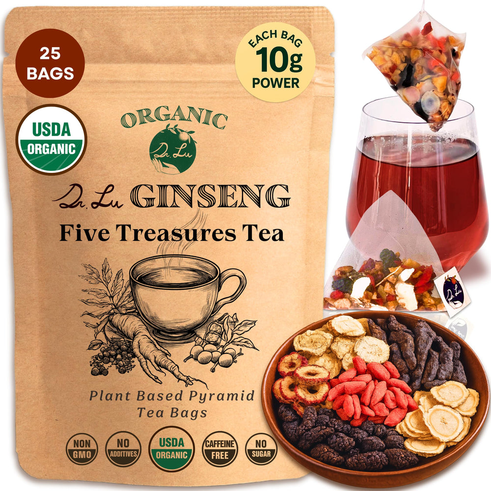 Dr. Lu Organic Ginseng Five Treasures Tea bag close-up for caffeine-free infusion.