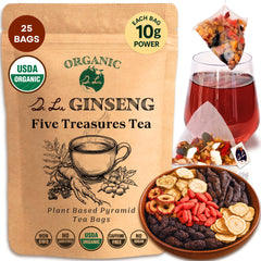 Dr. Lu Organic Ginseng Five Treasures Tea bag close-up for caffeine-free infusion.