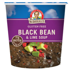 Dr. McDougall's Black Bean and Lime Soup cup-serve: easy heat-and-serve vegan meal.