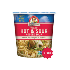 Dr. McDougall's Hot Sour Vegan Ramen Cup ready for quick plant-based lunch.
