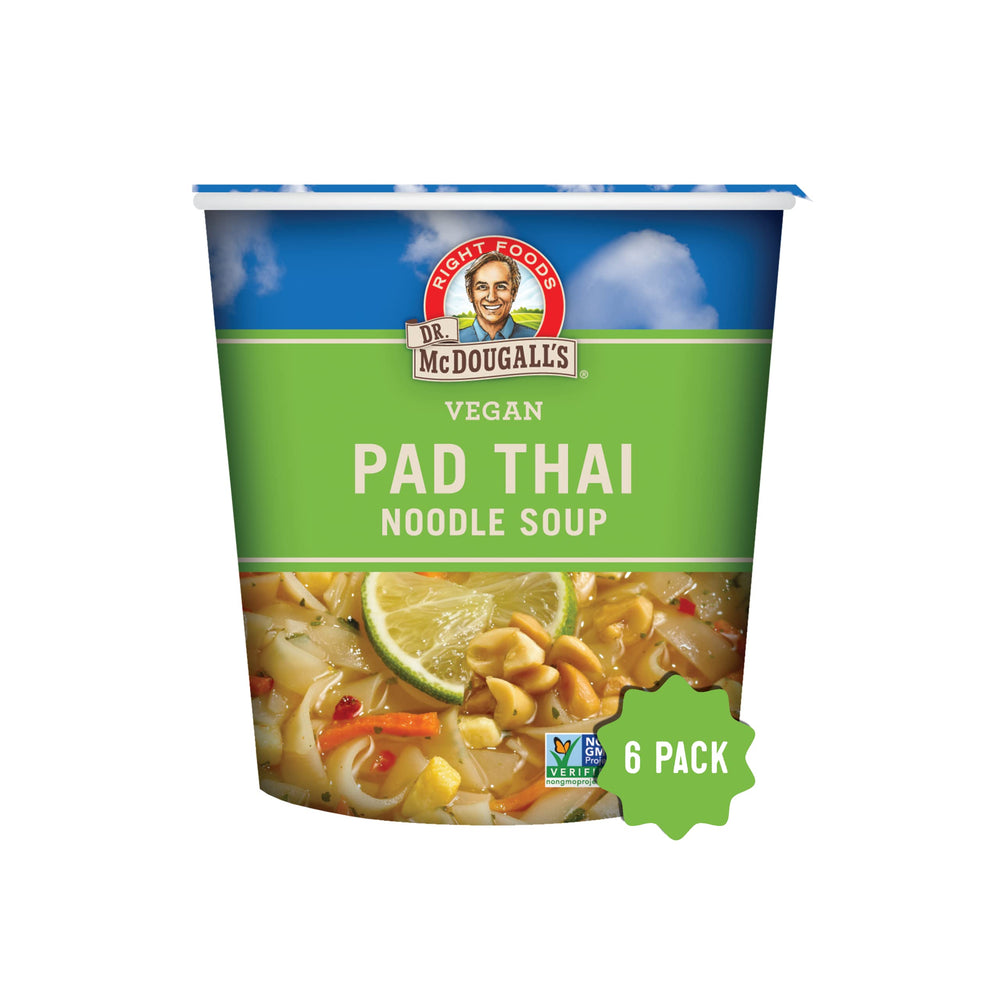 Dr. McDougall's Pad Thai Noodles cup, top view, convenient vegan meal ready in minutes.