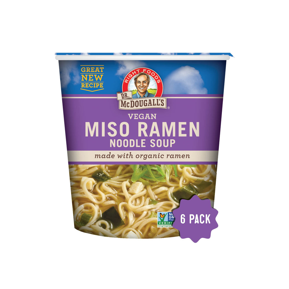Dr. McDougall's vegan miso ramen cup with noodles and wakame seaweed for a comforting meal.