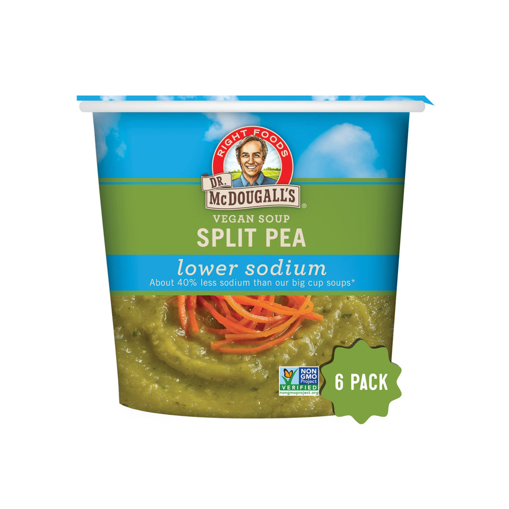 Dr. McDougall's Right Foods vegan split pea soup cups ready to heat for a quick meal