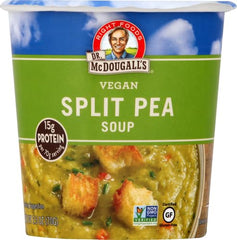 Dr. McDougall's vegan split pea soup ingredients photo highlighting non-GMO components.