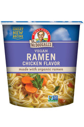 Dr. McDougall's vegan ramen cup with plant-based broth and organic noodles for quick meals.