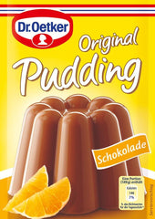 Dr. Oetker Chocolate Pudding 3-pack packaging; ready-to-serve dessert for family meals.