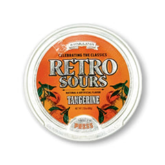Close-up of Dr. Variety Retro Sours Tangerine drops highlighting tangy citrus flavor.
