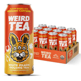 Drink Weird White Peach Oolong Tea can close-up for an on-the-go energy boost.