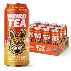 Drink Weird White Peach Oolong Tea can close-up for an on-the-go energy boost.