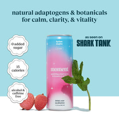 Adaptogen bottle close-up on Moment Mocktails with ashwagandha and L-theanine.