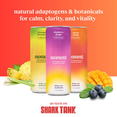 Moment Adaptogen Drink can close-up emphasizes zero sugar and no caffeine for a healthier choice