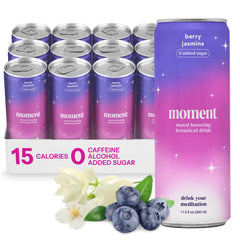 Drink Your Meditation Moment berry jasmine can showcases a refreshing, zero-added-sugar beverage for calm focus.