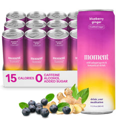 Drink Your Meditation Moment blueberry-ginger can front; zero added sugar for a clean refresh