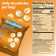 Drizzilicious Birthday Cake bites bag, festive flavor for lunchboxes