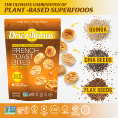 Drizzilicious mini French Toast rice cakes show quinoa, chia and flaxseed for wholesome crunch.