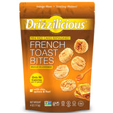 Drizzilicious Mini French Toast rice cakes package front—gluten-free and plant-based snack.