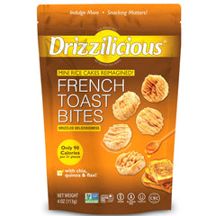Drizzilicious Mini French Toast rice cakes package front—gluten-free and plant-based snack.