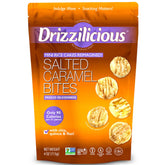 Drizzilicious Mini Salted Caramel Rice Cakes in bag, crunchy vegan snack for anytime