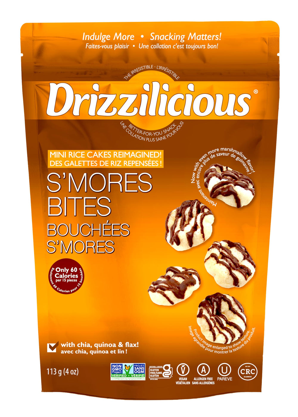 Drizzilicious Rice Crisp Mini Smores product shot shows premium ingredients for a tasty on the go snack.