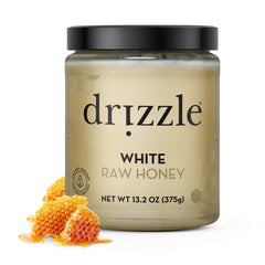 Drizzle White Raw Honey jar showing pure, unheated sweetness perfect for tea