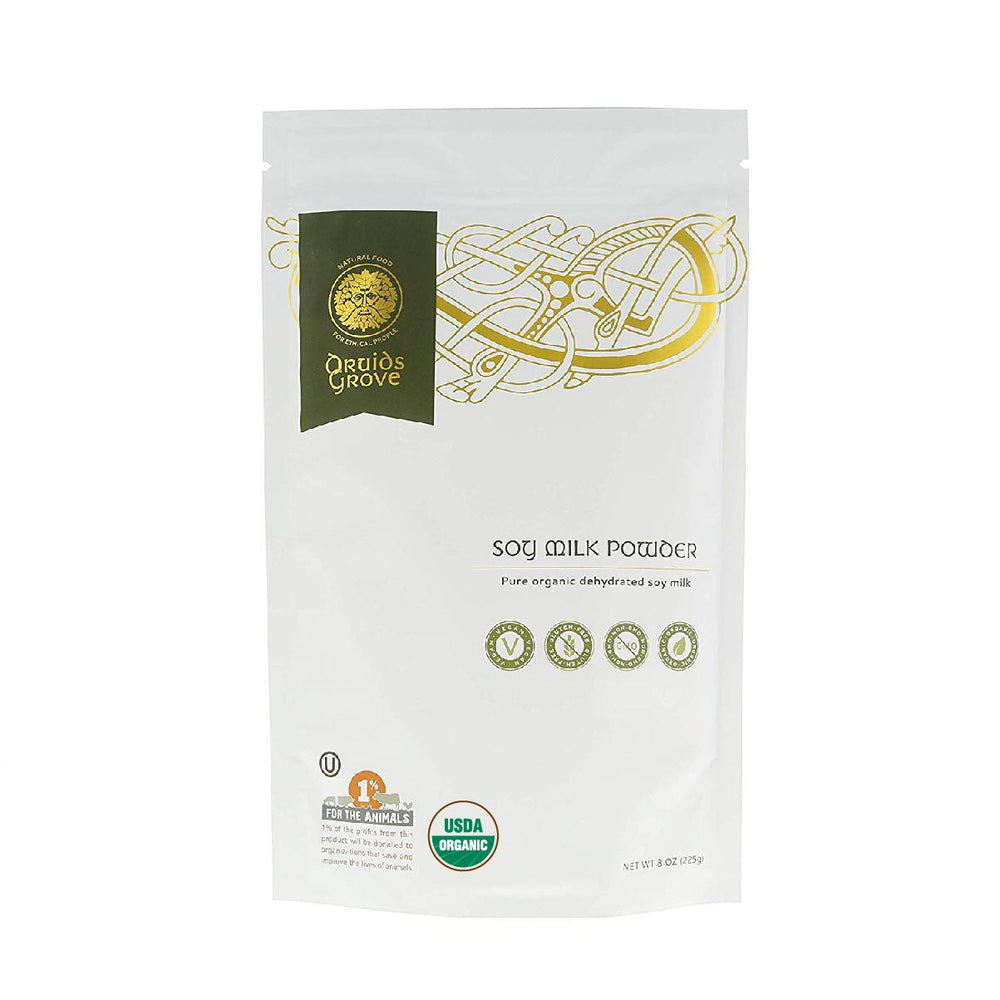 Druids Grove soy milk powder packaging highlights non-GMO and kosher status