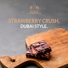 Close-up of Dubai Choco Strawberry Crush bar, crispy kataifi layers visible.