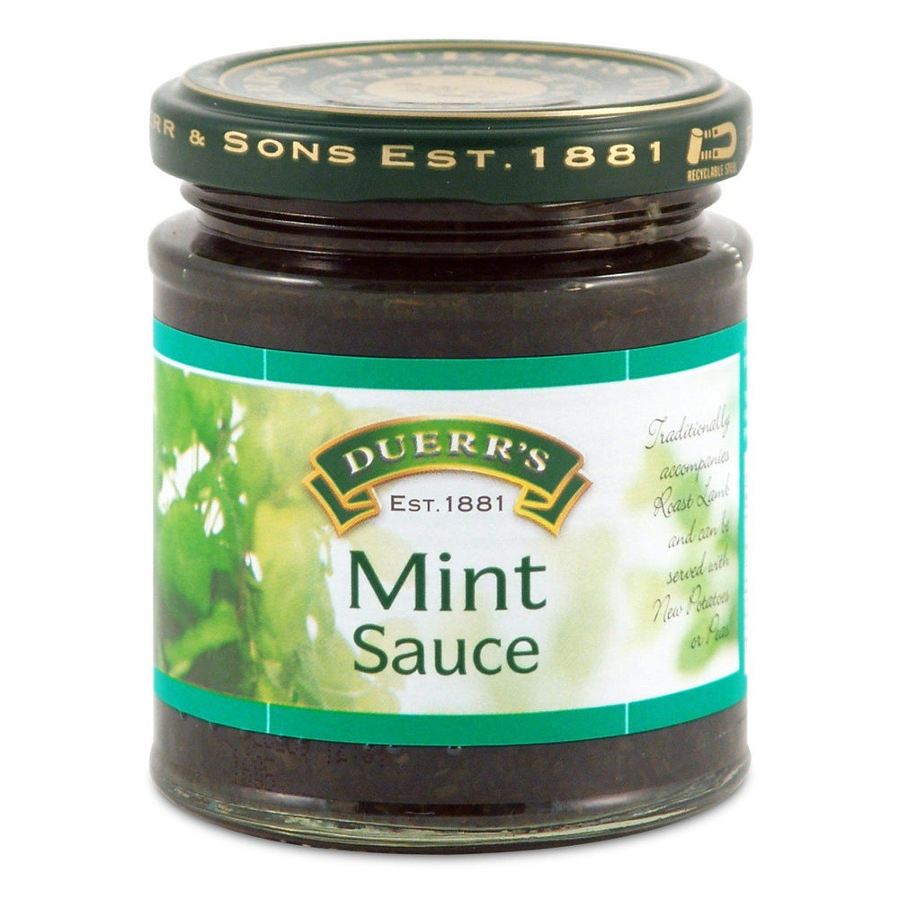 Duerr's Mint Sauce in a glass jar, perfect with roast lamb for British flavor.