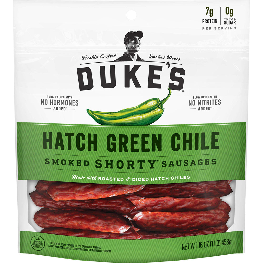 Duke's Hatch Green Chile Shorty Sausages front package shows protein-rich snack