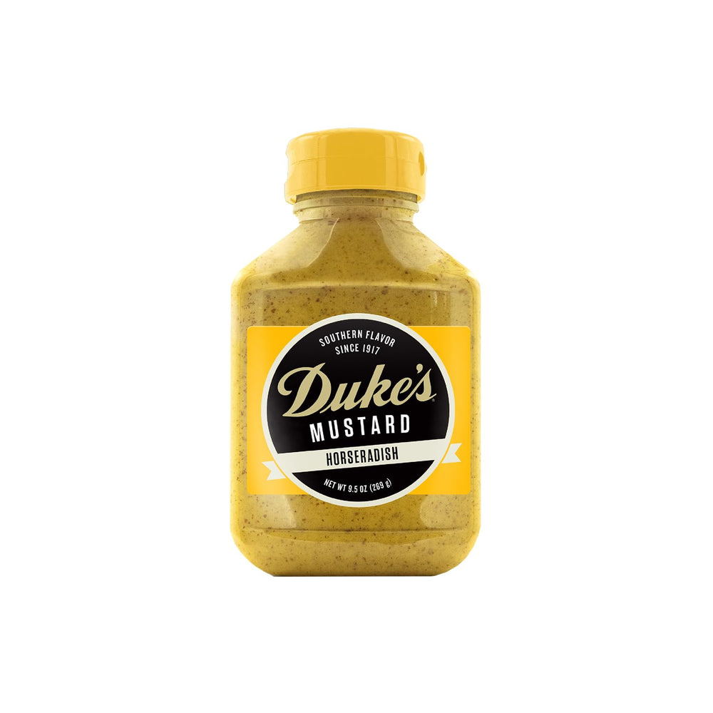 DUKE'S Horseradish Mustard bottle ready for bold sandwiches.