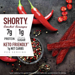 Duke's Hot Spicy Shorty Sausages close-up slices show pepper-kick flavor for ready-to-eat bites.