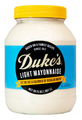 Duke's Light Mayonnaise jar front view showing creamy texture and lower-calorie option.