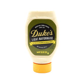 Duke's Light Mayonnaise with Olive Oil Blend bottle close-up showing creamy texture for daily meals.