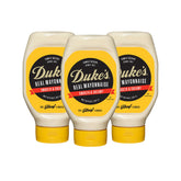 Duke's Real Mayonnaise squeeze bottle pouring for quick sandwich spreads.