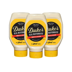Duke's Real Mayonnaise squeeze bottle pouring for quick sandwich spreads.