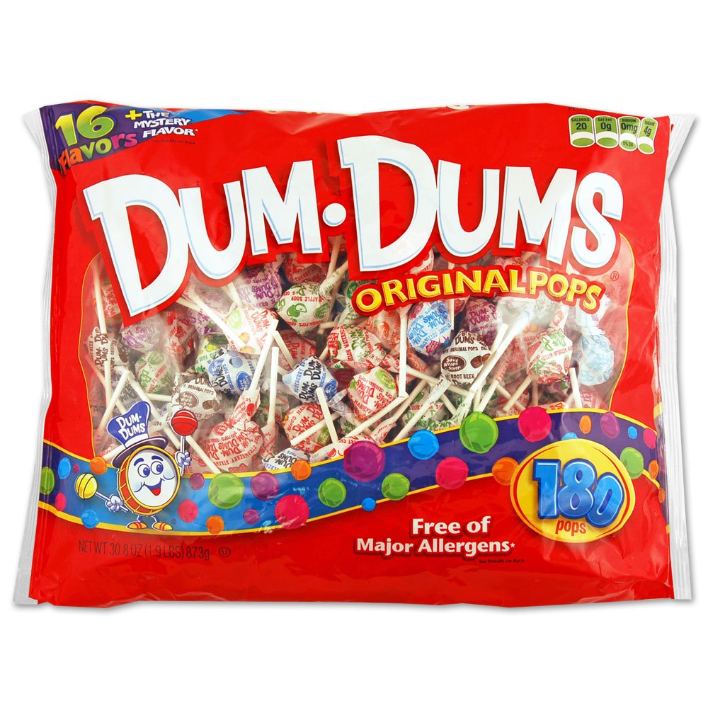 Dum Dums Pops 180ct bag, display-ready for parties.