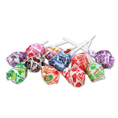 Dum Dums Pops colorful wrappers closeup showing flavor variety.