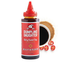 Dumpling Daughter spicy sweet soy bottle pour shows bold balance for dumplings
