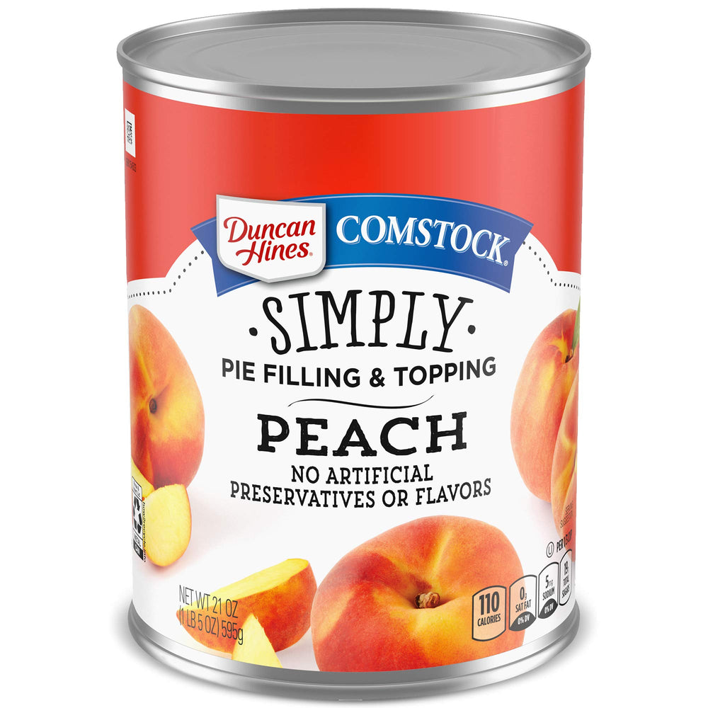 Duncan Hines Comstock Peach Pie Filling front label highlights fresh fruit quality