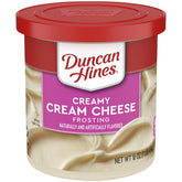 Duncan Hines Creamy Cream Cheese Frosting in a 16 oz can spreads smoothly for cakes.